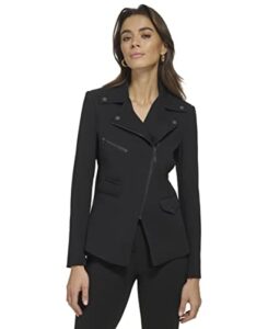 dkny women's casual pockets front zip jacket, black