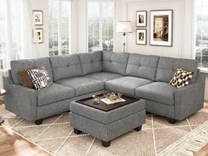 honbay convertible sectional sofa, l shaped couch with storage ottoman, reversible 4 seat corner sofa for small apartment,light grey