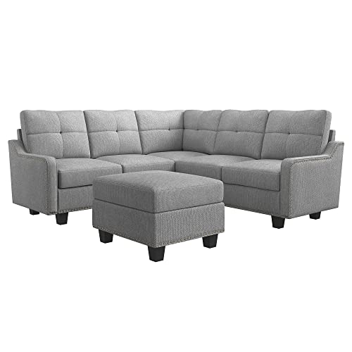 HONBAY Convertible Sectional Sofa, L Shaped Couch with Storage Ottoman, Reversible 4 Seat Corner Sofa for Small Apartment,Light Grey