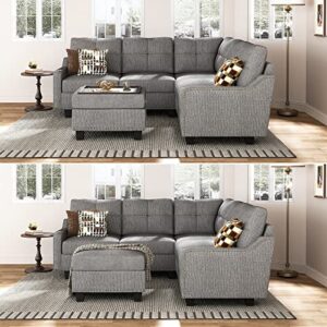 HONBAY Convertible Sectional Sofa, L Shaped Couch with Storage Ottoman, Reversible 4 Seat Corner Sofa for Small Apartment,Light Grey