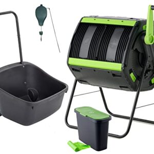 Amazon Exclusive Combo - 48 Gallon Compost Tumbler with Compost Cart, 9 Liter Compost bin, 3 Rolls of Corn Bags and Plant Caddy