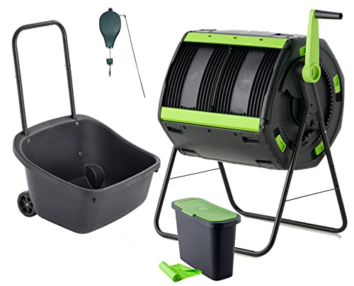 Amazon Exclusive Combo - 48 Gallon Compost Tumbler with Compost Cart, 9 Liter Compost bin, 3 Rolls of Corn Bags and Plant Caddy