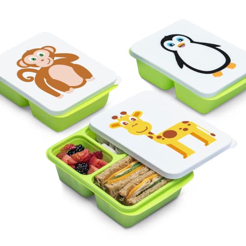 3-PACK TotBox Kids Lunch Box, Bento Snack Box for Daycare, Preschool, Kindergarten, Toddlers, Baby, Boys, Girls, Small Cute Stackable Dishwasher-safe Food Storage Containers, Fits Sandwich