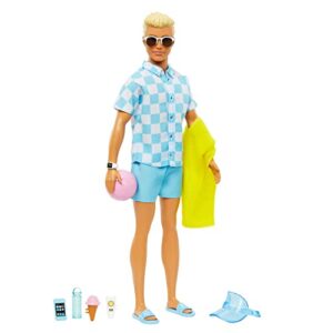 blonde ken doll with blue button down and swim trunks, visor, towel and beach-themed accessories, hpl74
