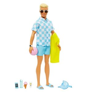 Blonde Ken Doll with Blue Button Down and Swim Trunks, Visor, Towel and Beach-Themed Accessories, HPL74