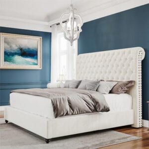 papajet king size bed frame upholstered bed frame king with 52.8” tall headboard/cream