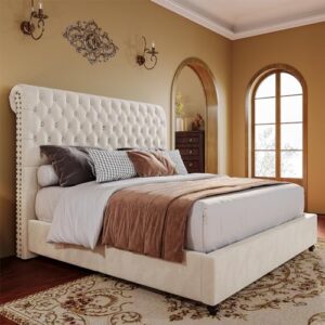 PaPaJet King Size Bed Frame Upholstered Bed Frame King with 52.8” Tall Headboard/Cream