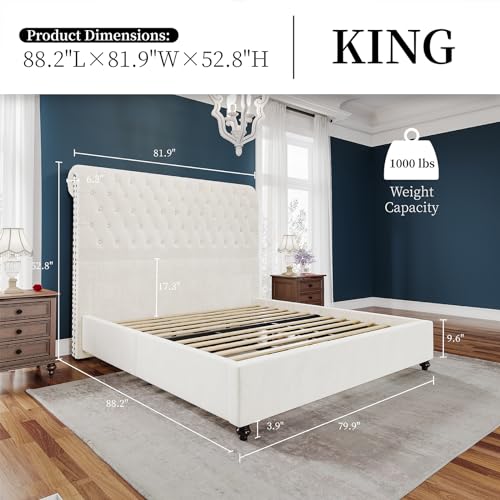 PaPaJet King Size Bed Frame Upholstered Bed Frame King with 52.8” Tall Headboard/Cream