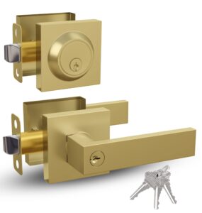 mega handles entry combo i entry lever door handle and single cylinder deadbolt lock and key combo pack - heavy duty square locking lever set for left or right-handed doors - satin brass