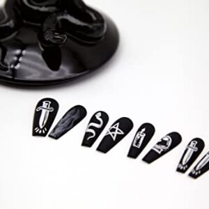 Fantasticlady Medium Coffin Press On Nails,Dark goth grily style with Tarot Design,Black undertone False Nails,Matte On Nails for Women and Girls