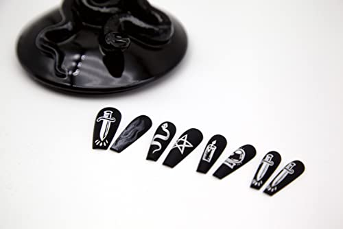 Fantasticlady Medium Coffin Press On Nails,Dark goth grily style with Tarot Design,Black undertone False Nails,Matte On Nails for Women and Girls