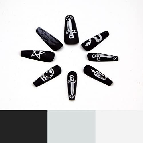 Fantasticlady Medium Coffin Press On Nails,Dark goth grily style with Tarot Design,Black undertone False Nails,Matte On Nails for Women and Girls