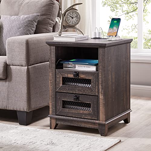 OKD Nightstand with Charging Station, 18'' Industrial & Farmhouse End Table with 2 Drawers & Open Cubby, Rustic Mesh Drawer Sofa Side Table w/Storage for Bedroom, Living Room, Office, Dark Rustic Oak