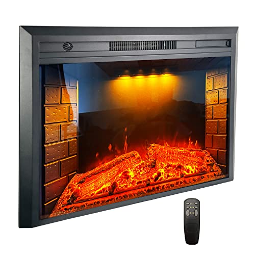 33 inch Electric Fireplace Insert, Heater with Overheating Protection, Tempered Glass, Recessed Mounted with Fire Crackling Sound, Remote Control, 750/1500W, Black