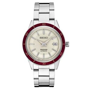 seiko presage style 60's collection stainless steel ruby bezel automatic watch srph93, silver
