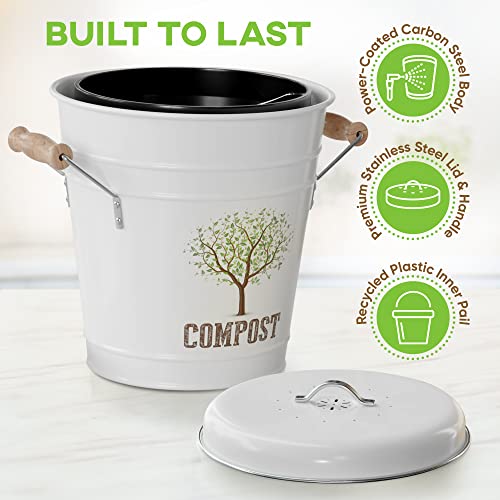 Third Rock - 1.3 Gallon Traditional Kitchen Compost Bin - White - with 3 Years Supply of Charcoal Filter Replacements