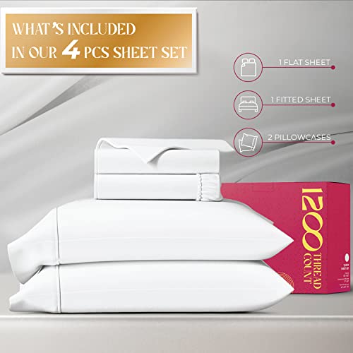 Mayfair Linen 5-Star Hotel Quality 1200 Thread Count 100% Supima Cotton Sheets for Queen Size Bed, 4 Pc Bright White Premium Cotton Sheet Set, Sateen Weave with Elasticized Deep Pocket