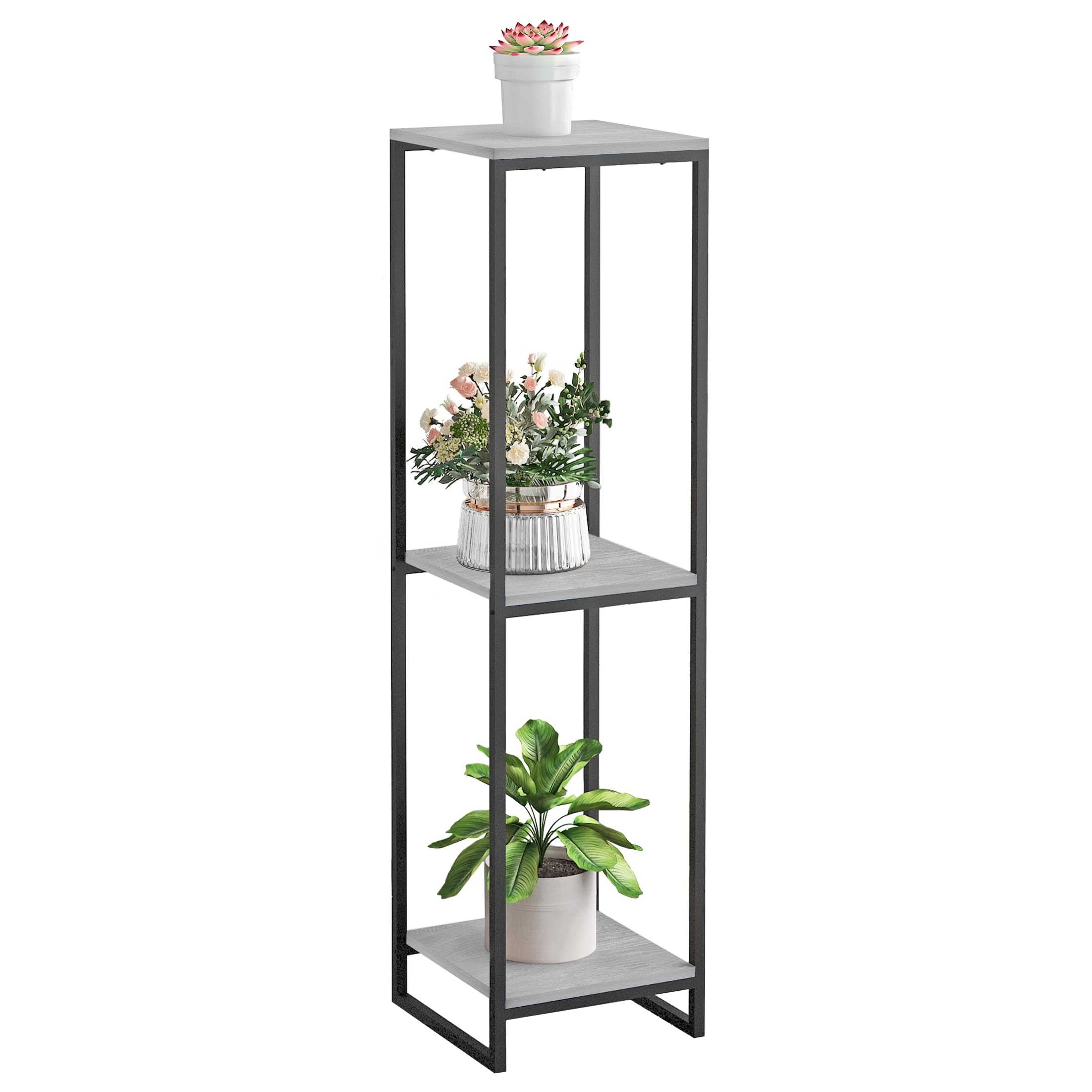 JEPRECO 46" Tall Plant Stand Indoor, 3-Tier Modern Plant Shelf, Corner Flower Pot Holder Organizer for Living Room Balcony Patio Garden (Oak Grey)