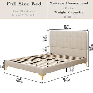 LIKIMIO Full Size Bed Frame, Platform Bed Full with Upholstered Headboard and Strong Metal/Wood Supports, Easy Assembly, Noise-Free, No Box Spring Needed, Beige