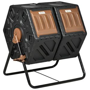 outsunny dual chamber compost bin, rotating composter, compost tumbler with ventilation openings and steel legs, 34.5 gallon