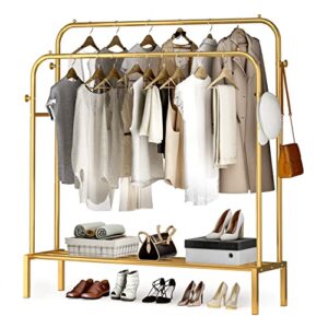 joiscope double rods portable garment rack for hanging clothes, 43.5 * 60.6 inch metal clothing rack with bottom shelves and 4 hooks,freestanding clothes rack for bedroom,space saving, gold