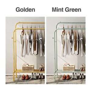 JOISCOPE Double Rods Portable Garment Rack for Hanging clothes, 43.5 * 60.6 Inch Metal Clothing Rack with Bottom Shelves and 4 Hooks,Freestanding Clothes Rack for Bedroom,Space Saving, Gold