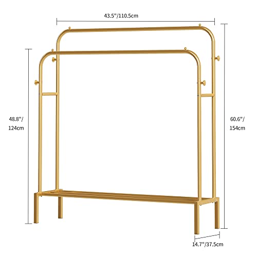 JOISCOPE Double Rods Portable Garment Rack for Hanging clothes, 43.5 * 60.6 Inch Metal Clothing Rack with Bottom Shelves and 4 Hooks,Freestanding Clothes Rack for Bedroom,Space Saving, Gold