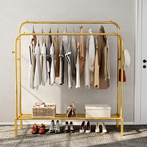 JOISCOPE Double Rods Portable Garment Rack for Hanging clothes, 43.5 * 60.6 Inch Metal Clothing Rack with Bottom Shelves and 4 Hooks,Freestanding Clothes Rack for Bedroom,Space Saving, Gold