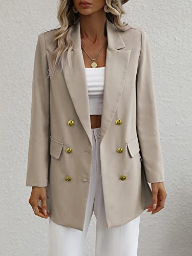 Lueluoye Women's Casual Blazers Long Sleeve Open Front Gold Button Work Office Blazer Jackets with Pockets Khaki M