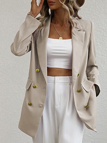 Lueluoye Women's Casual Blazers Long Sleeve Open Front Gold Button Work Office Blazer Jackets with Pockets Khaki M