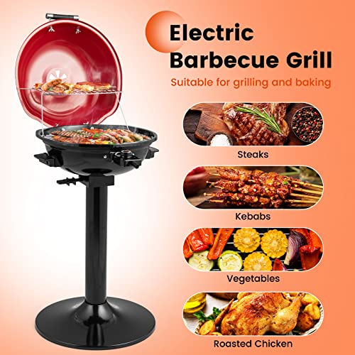 COSTWAY Portable Electric Grill, with Warming Tray, 1600W Heating Element, Adjustable Temperature Control & Removable Grease Tray, Sturdy Stand, Indoor & Outdoor BBQ Grill for Patio & Backyard (Red)