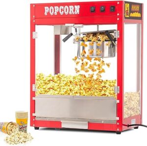 riedhoff popcorn machine, [extra large] popcorn popper machine [ 8 oz ]kettle with 10 pack popcorn buckets, poppers machine maker for 60 cups for batch, vintage, movie, theater-red