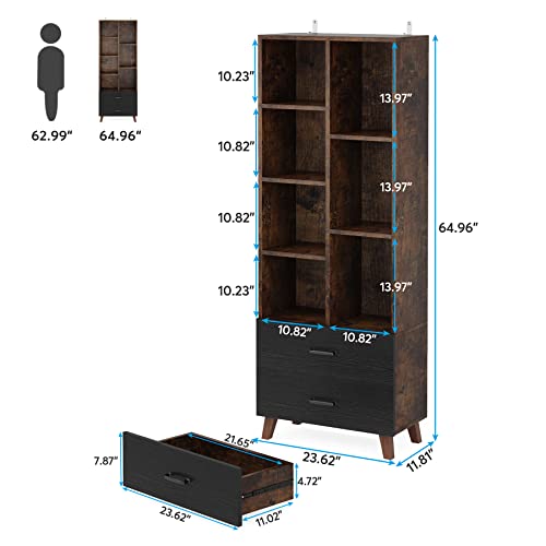 Tribesigns 5 Shelf Bookcase with 2 Drawers,5 Tier Mid-Century Modern Bookshelf, 7 Cube Library Bookcases, Standing Vintage Narrow Display Shelves for Bedroom, Living Room,Rustic Brown (1 PC)