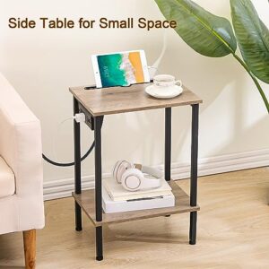 AMHANCIBLE Small Nightstand Set of 2, Side Tables with Charging Station, Night Stand with USB Ports and Outlets, End Tables for Small Space, 2-Tier Storage Shelf, Metal Frame HET032GY