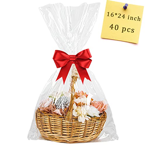 40pcs Cellophane Bags 16x24 Cellophane Wrap for Gift Baskets Large Clear Gift Bags Party Favors Bags Clear Treat Bags Plastic Gift Bags Packaging Bags for Cookie Candy Goodie