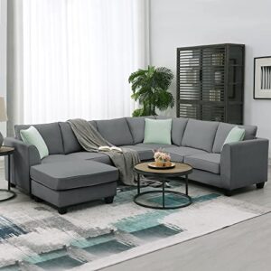 merax modern large u-shape sectional sofa, 7 seat fabric sectional sofa set with movable ottoman, l shape sectional sofa corner couch with 3 pillows for living room apartment, office