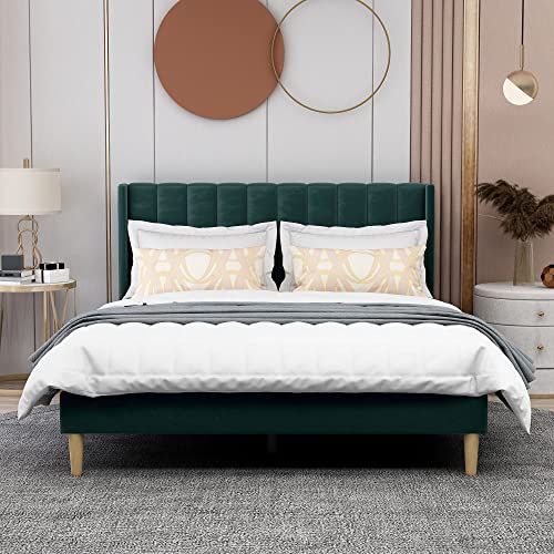 AGARTT Upholstered Platform Bed Frame Queen Size with Headboard and Footboard/Wooden Slats Support/No Box Spring Needed/Easy Assembly,Ink Green Velvet