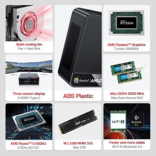 Beelink SER5 Mini PC,AMD Ryzen 5 5500U (6C/12T,up to 4.0GHz),Mini Computer with 16GB DDR4/500GB NVMe SSD, Micro pc Support Three Screen Display(2*HDMI/Type-C)/WiFi6/BT5.2