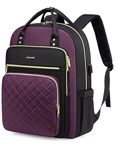 LOVEVOOK Laptop Backpack Purse for Women, 15.6" Laptop Bag for Travel with USB Port, Water Resistant Lightweight Daypacks for College Work Business, Nurse Teacher Computer Bags, Purple Black