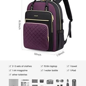 LOVEVOOK Laptop Backpack Purse for Women, 15.6" Laptop Bag for Travel with USB Port, Water Resistant Lightweight Daypacks for College Work Business, Nurse Teacher Computer Bags, Purple Black