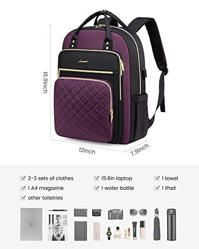 LOVEVOOK Laptop Backpack Purse for Women, 15.6" Laptop Bag for Travel with USB Port, Water Resistant Lightweight Daypacks for College Work Business, Nurse Teacher Computer Bags, Purple Black