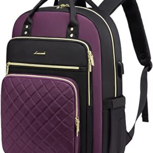 LOVEVOOK Laptop Backpack Purse for Women, 17" Laptop Bag with USB Port, Water Resistant Lightweight Daypacks for College Travel Work Business, Nurse Teacher Computer Bags, Purple Black