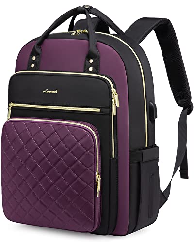 LOVEVOOK Laptop Backpack Purse for Women, 17" Laptop Bag with USB Port, Water Resistant Lightweight Daypacks for College Travel Work Business, Nurse Teacher Computer Bags, Purple Black