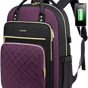 LOVEVOOK Laptop Backpack Purse for Women, 17" Laptop Bag with USB Port, Water Resistant Lightweight Daypacks for College Travel Work Business, Nurse Teacher Computer Bags, Purple Black