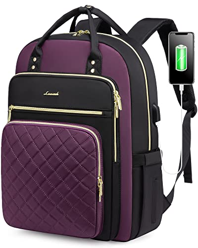 LOVEVOOK Laptop Backpack Purse for Women, 17" Laptop Bag with USB Port, Water Resistant Lightweight Daypacks for College Travel Work Business, Nurse Teacher Computer Bags, Purple Black