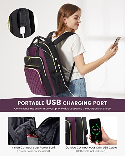 LOVEVOOK Laptop Backpack Purse for Women, 17" Laptop Bag with USB Port, Water Resistant Lightweight Daypacks for College Travel Work Business, Nurse Teacher Computer Bags, Purple Black