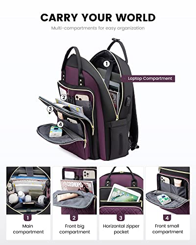 LOVEVOOK Laptop Backpack Purse for Women, 17" Laptop Bag with USB Port, Water Resistant Lightweight Daypacks for College Travel Work Business, Nurse Teacher Computer Bags, Purple Black