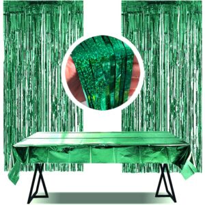 2 pack green foil fringe curtains 3.2 ft x 8.2 ft + 1 pack tablecloth 54” x108 for birthday wedding christmas bridal shower bachelorette holiday party backdrops photo booth props (green)