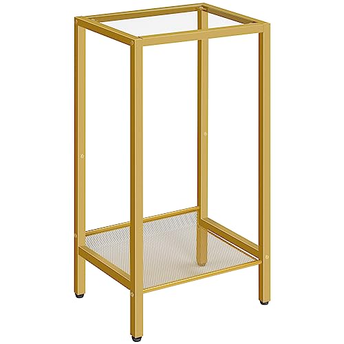 HOOBRO Tall Side Table, Morden Tempered Glass End Telephone Table with Adjustable Mesh Shelves, Small Entryway Table, Laptop Table for Office, Hallway, Living Room, Gold GD03DH01