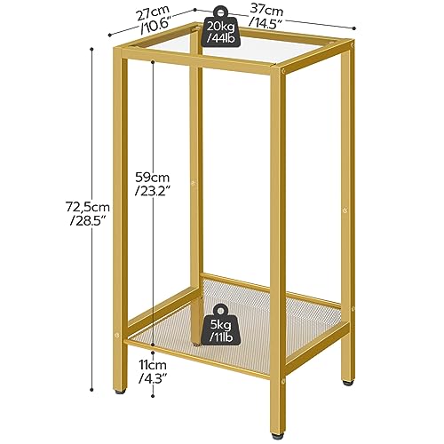 HOOBRO Tall Side Table, Morden Tempered Glass End Telephone Table with Adjustable Mesh Shelves, Small Entryway Table, Laptop Table for Office, Hallway, Living Room, Gold GD03DH01